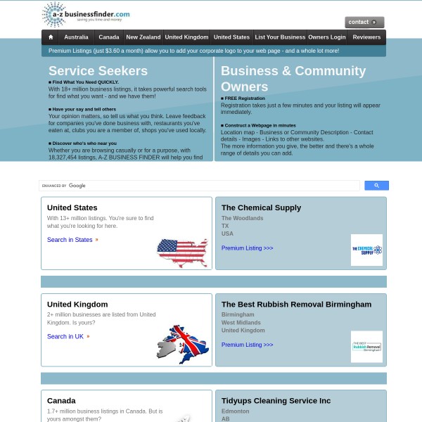 A-Zbusinessfinder.com homepage screenshot