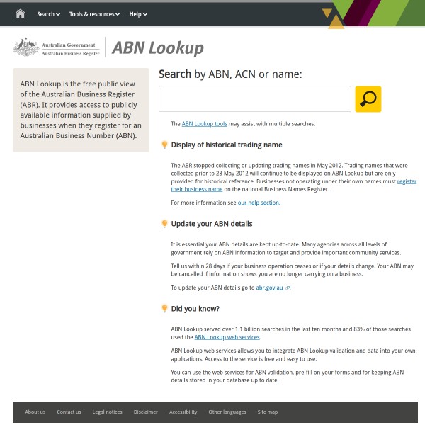 ABN - business.gov.au homepage screenshot