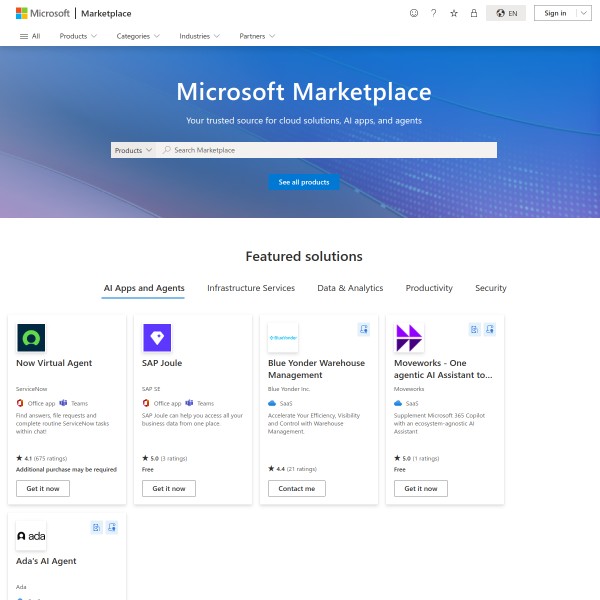 Azure Marketplace homepage screenshot