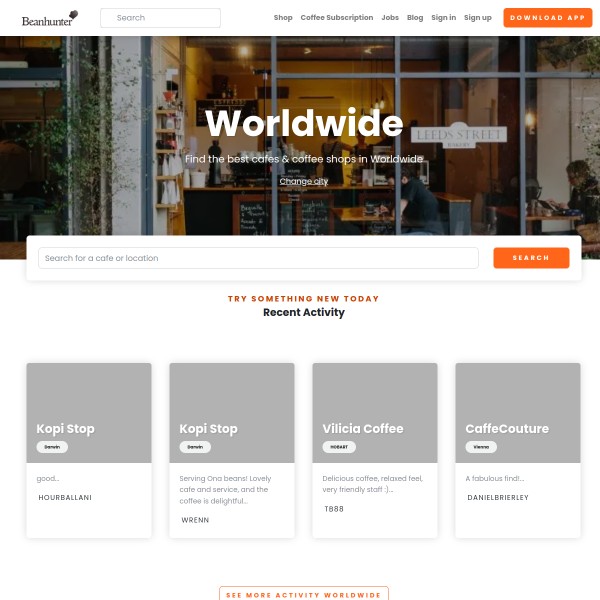 Beanhunter homepage screenshot