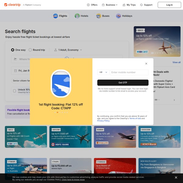 Cleartrip homepage screenshot