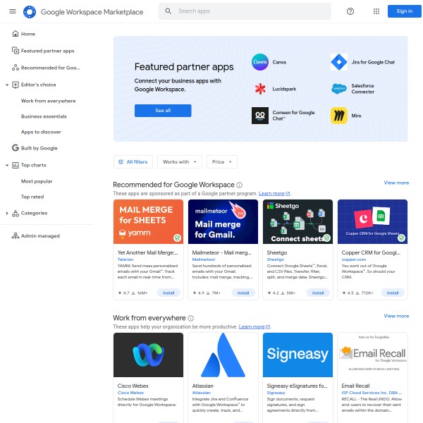 Google Workspace Marketplace homepage screenshot