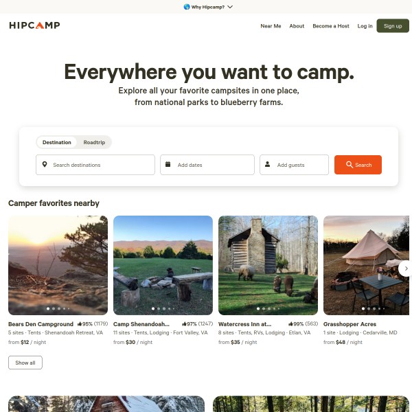 Hipcamp homepage screenshot