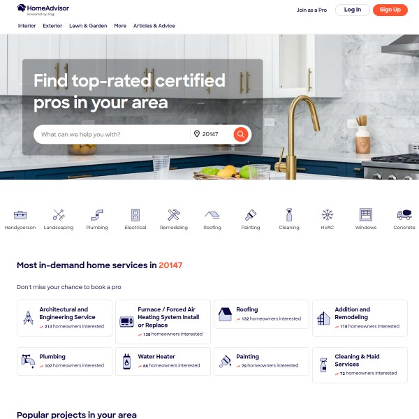 HomeAdvisor homepage screenshot