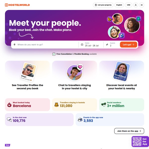 Hostelbookers.com homepage screenshot