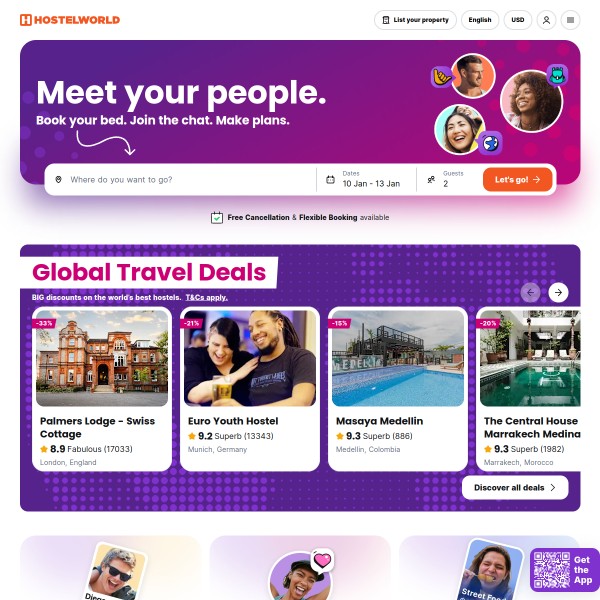 Hostelbookers.com homepage screenshot