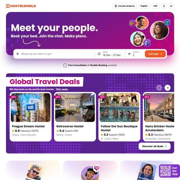 Hostelworld homepage screenshot