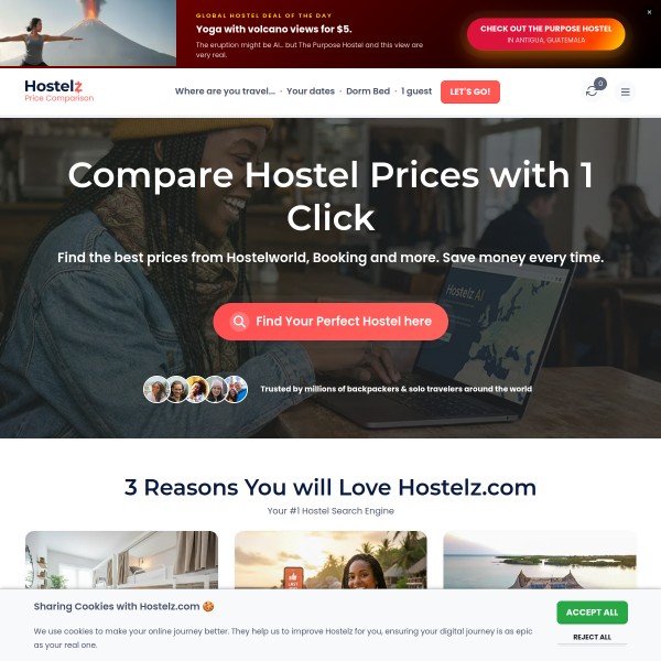 Hostelz homepage screenshot