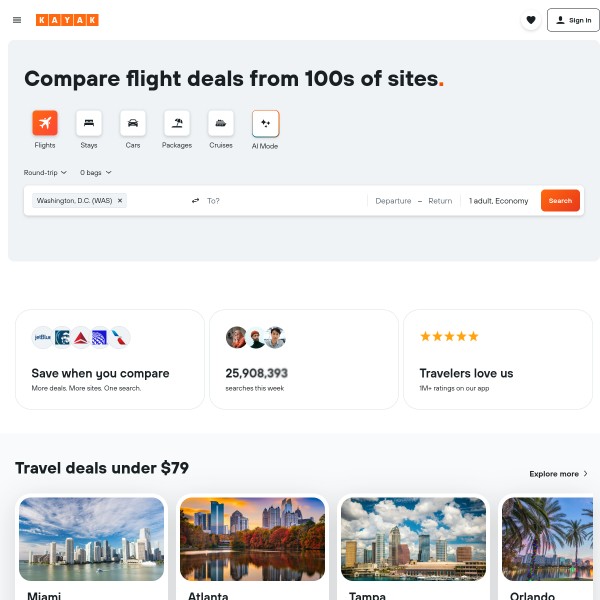Kayak homepage screenshot