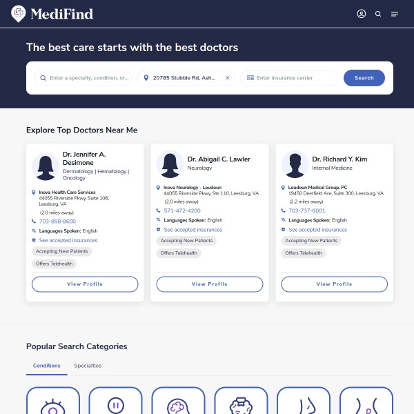 MediFind homepage screenshot