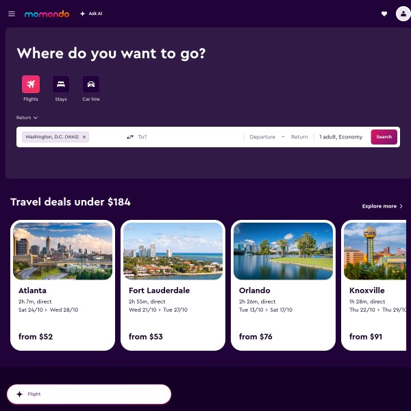 Momondo homepage screenshot