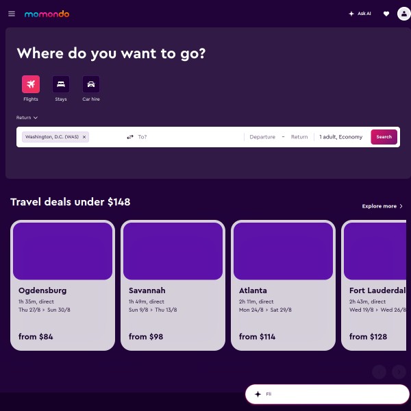 Momondo homepage screenshot