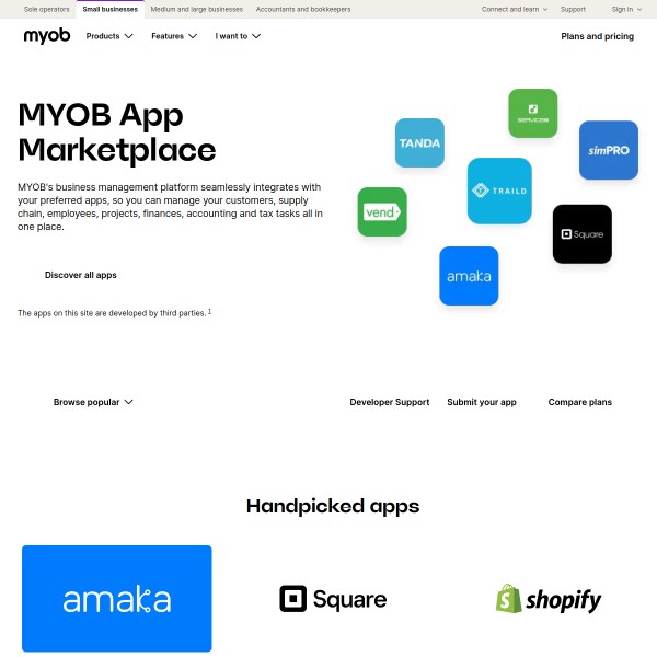 MYOB Add Ons homepage screenshot