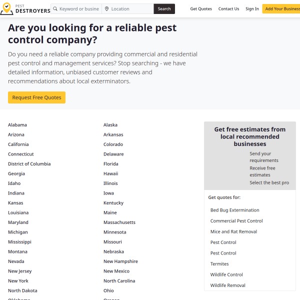 PestDestroyers.com homepage screenshot