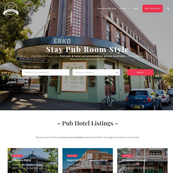 Pub Rooms homepage screenshot