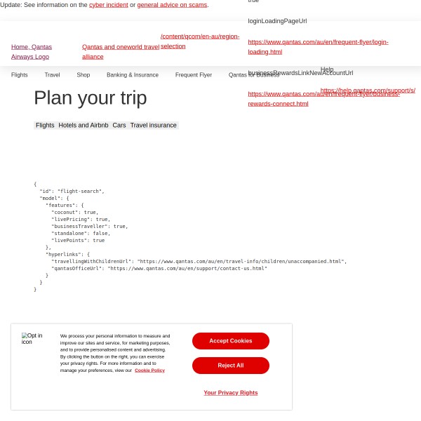Qantas homepage screenshot
