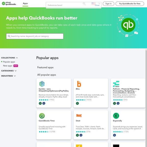 Quickbooks Apps homepage screenshot
