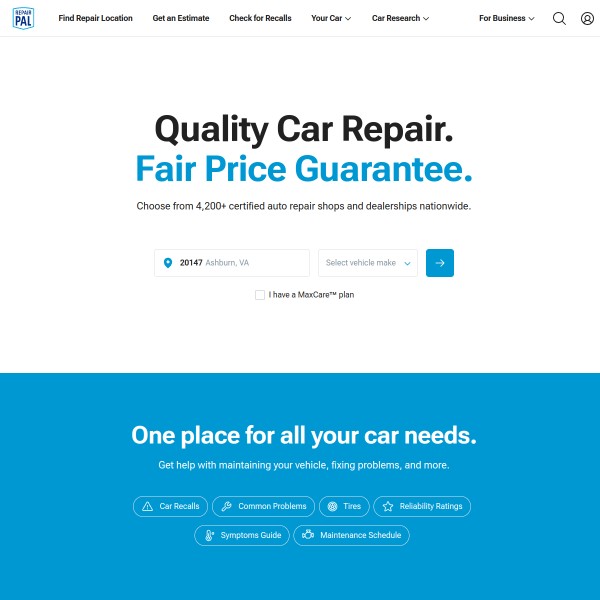 RepairPal homepage screenshot