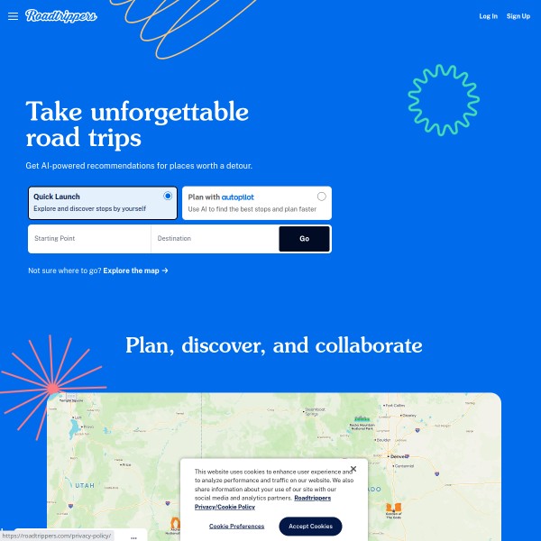 Roadtrippers homepage screenshot