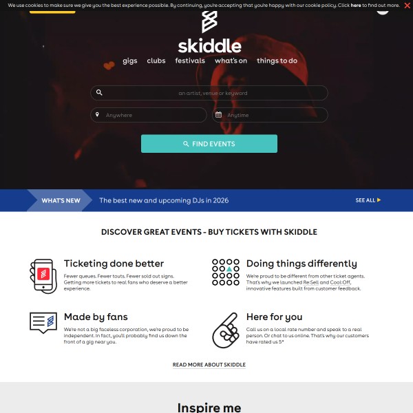 Skiddle homepage screenshot