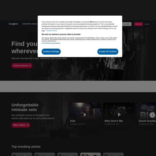 Songkick homepage screenshot