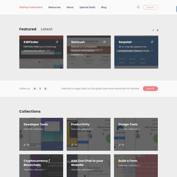 Startup Collections homepage screenshot