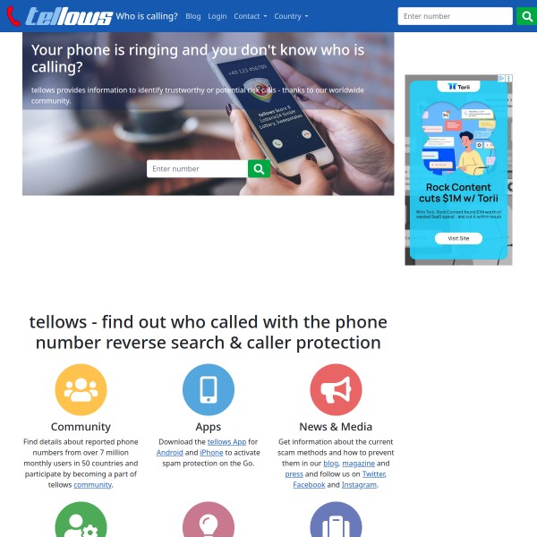 Tellows homepage screenshot