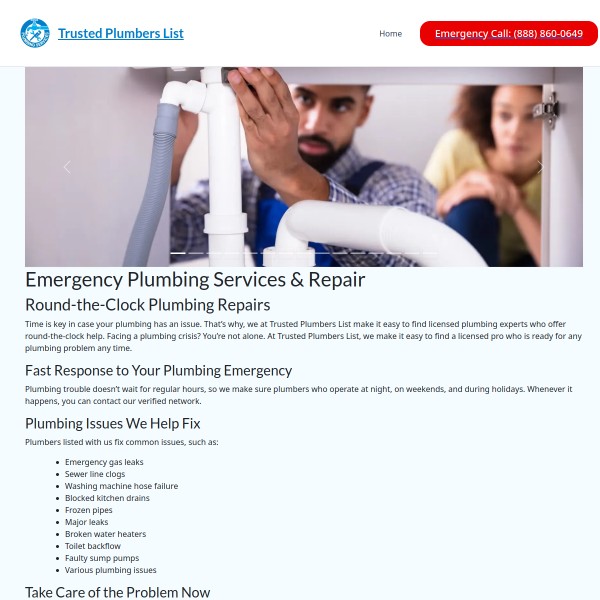 Trusted Plumbers List homepage screenshot