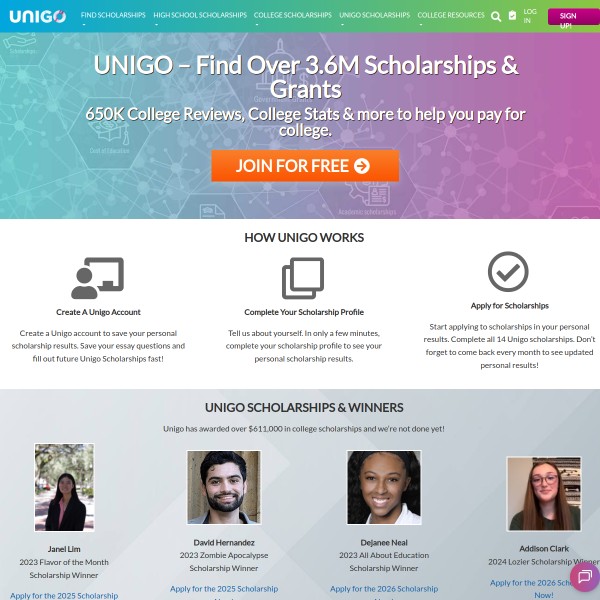 Unigo homepage screenshot