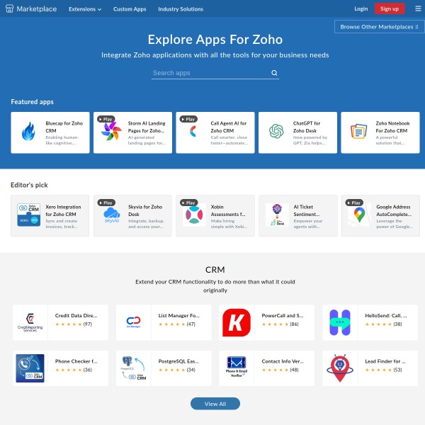 Zoho Marketplace homepage screenshot